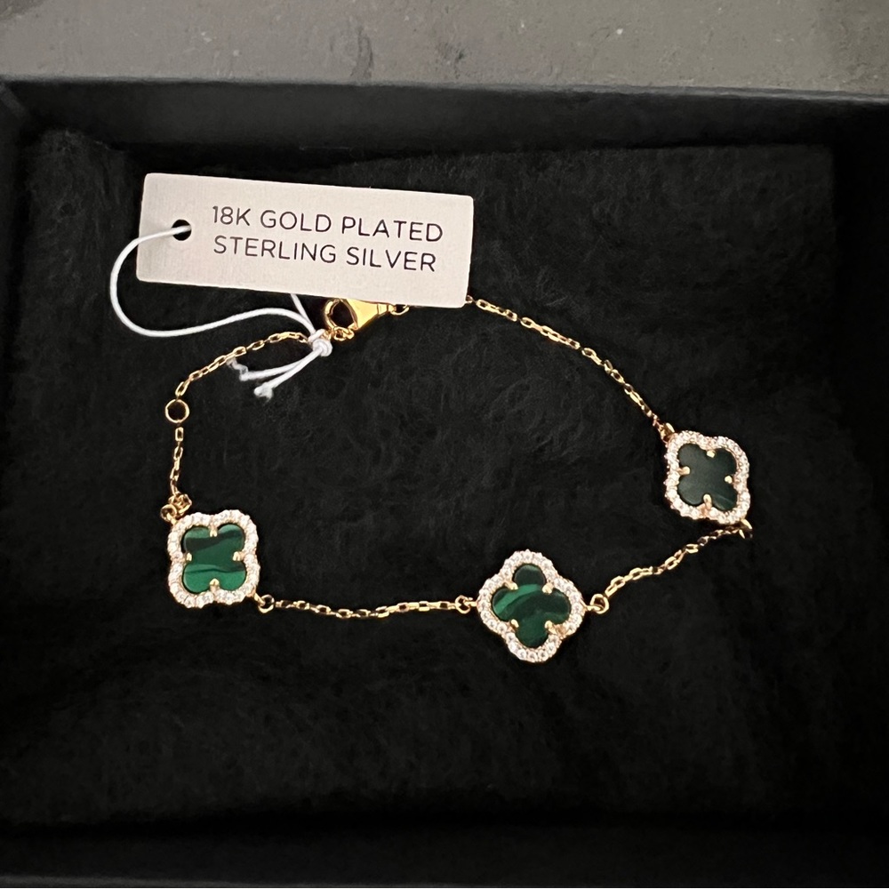 Rachel Zoe Green Malachite & Pave Clover 18K Gold/Sterling Silver Bracelet NEW